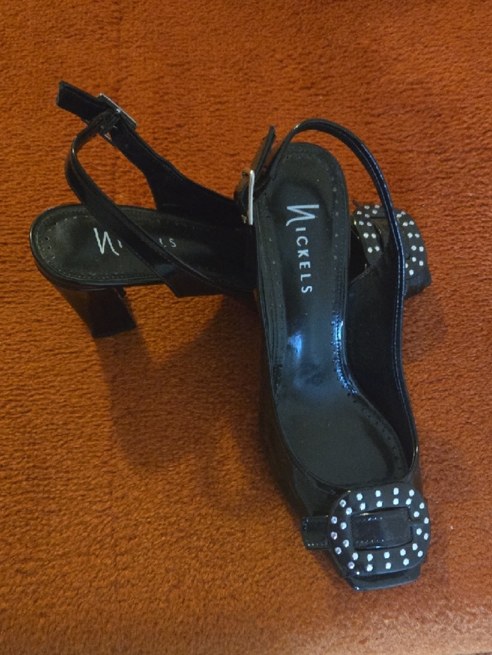 Nickels Black Patent Slingback Heels with Studded Buckle